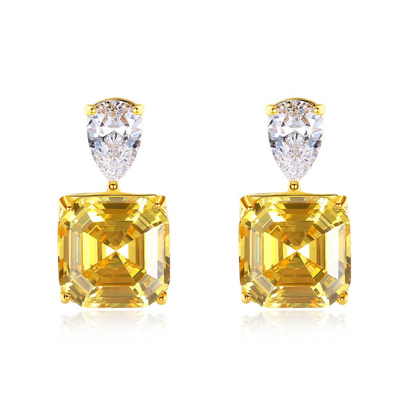Asscher Shaped Cut Yellow Sterling Silver Earrings