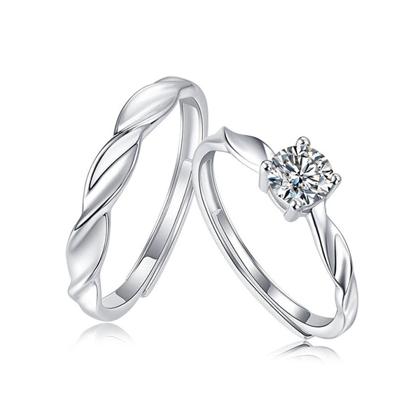 Round Shaped Cutting  Moissanite Couple Knot Sterling Silver Set Open Ring