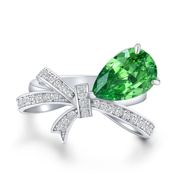 Pear Shaped Cut Bowknot Green Sterling Silver Ring
