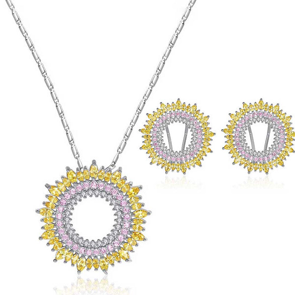 Marquise Shaped Cut Sun Design Earring Necklace Two Piece Set