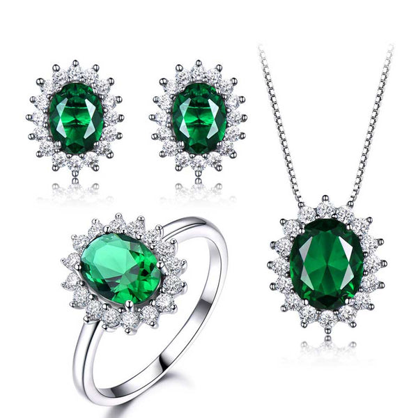 Oval Shaped Cut Sterling Silver Earrings Necklace Ring Three Piece Set