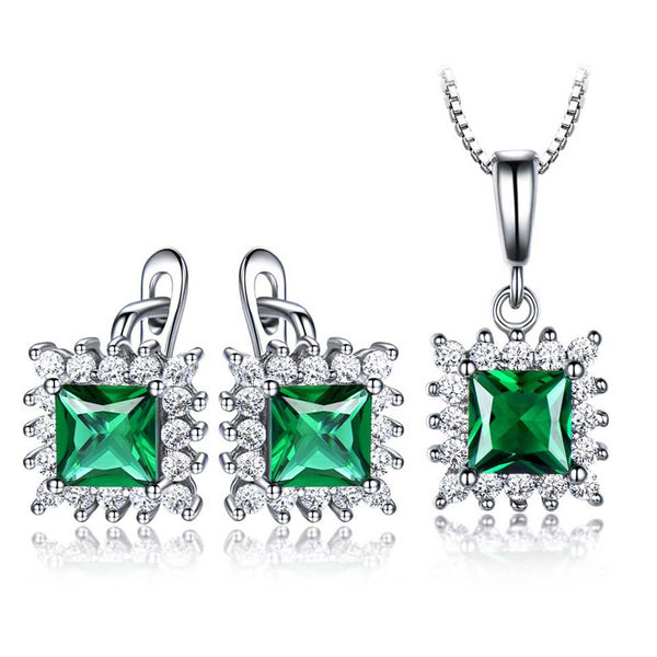 Princess Shaped Cut Sterling Silver Earrings Necklace Two Piece Set