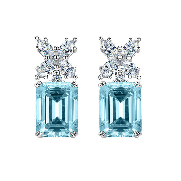 Blue Emerald Shaped Cut Sterling Silver Earrings