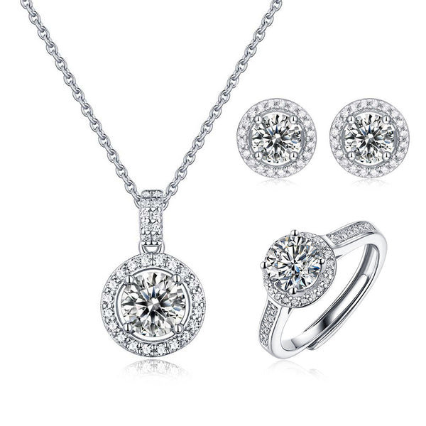 Round Shaped Cutting Moissanite Sterling Silver Three Piece Set