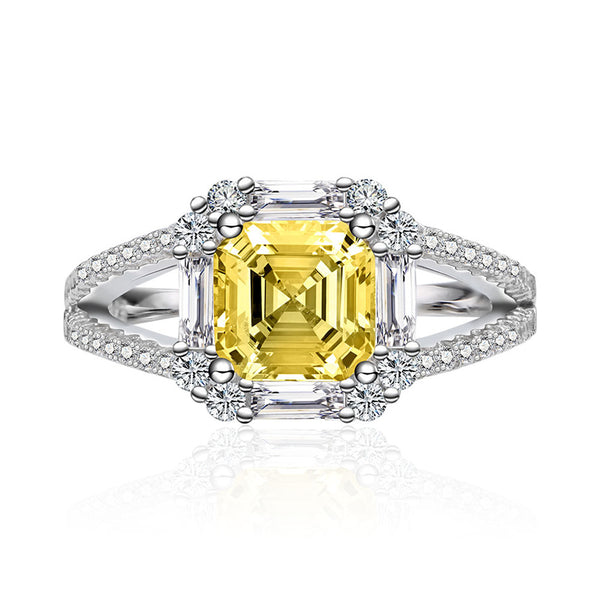 Asscher Shaped Cut Lemon Yellow Sterling Silver Ring