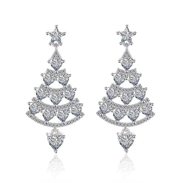 Heart Shaped Cut Christmas Tree Design Sterling Silver Earrings