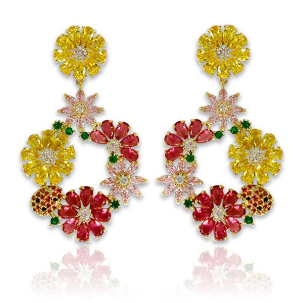 Colorful Flower Design Pear Shaped Cut Earrings - Monarjew