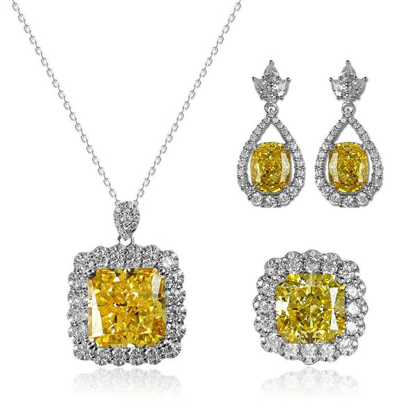 Cushion Shaped Cut Gem Necklace Earring Ring Three Piece Set - Monarjew
