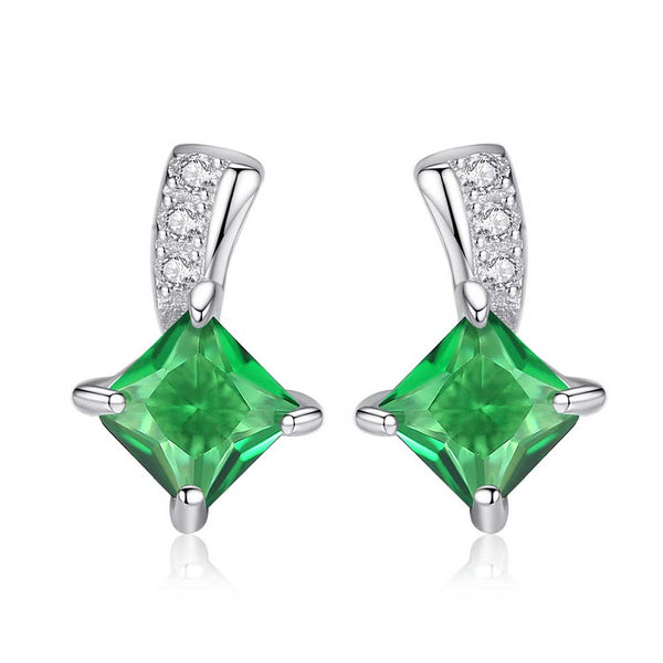 Princess Shaped Cut Green Sterling Silver Earrings
