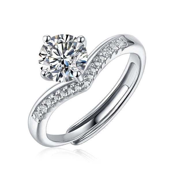 Round Shaped Cut Moissanite V-shaped Design Sterling Silver Open Ring