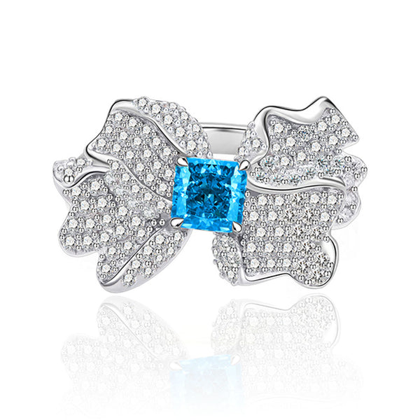Cushion Shaped Cut Blue Bowknot Sterling Silver Ring