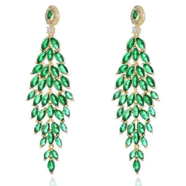 Emerald Green Leaves Tassel Design Earrings - Monarjew
