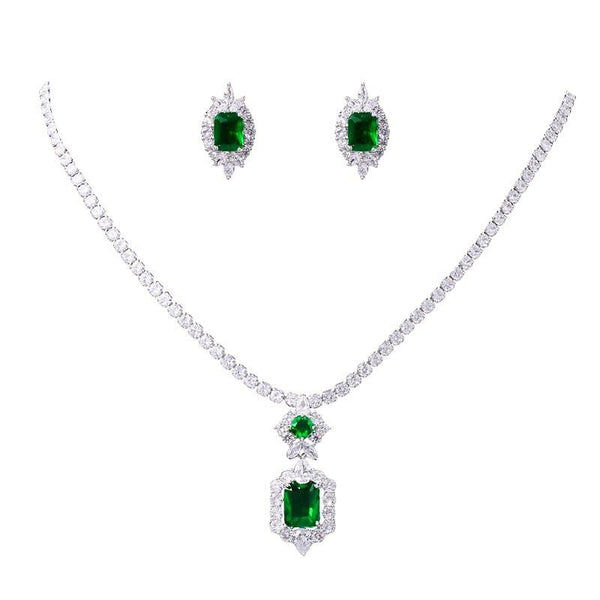 Emerald Radiant Shaped Cut Necklace Earrings Two Piece Set - Monarjew