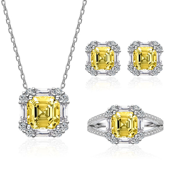 Asscher Shaped Cut Light Yellow Sterling Silver Three Piece Set
