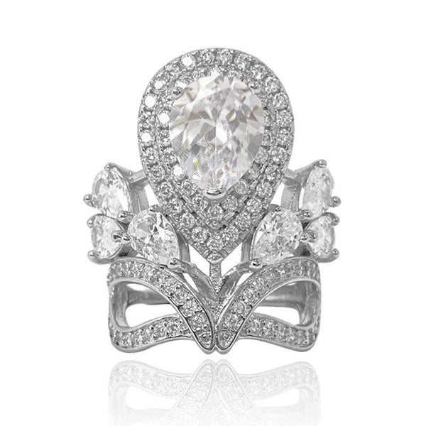 Flower Crown Design Pear Shaped Cutting Split Ring - Monarjew
