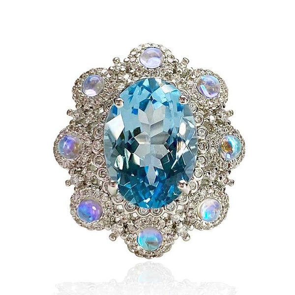 Flower Design Blue Oval Shaped Cut Open Ring - Monarjew