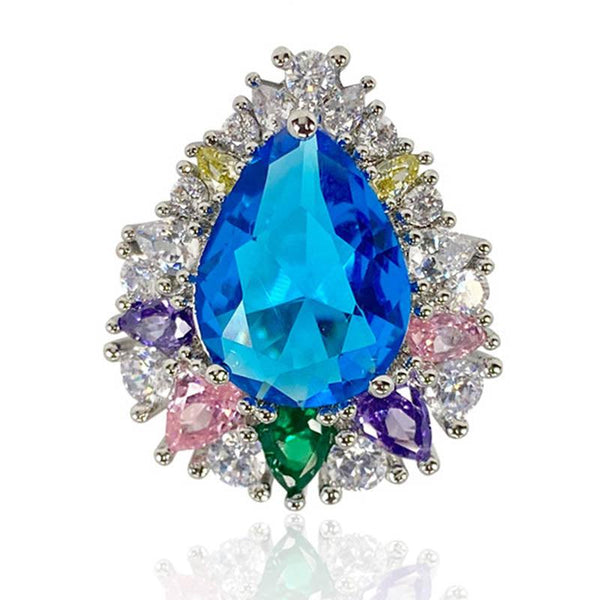 Oil Painting Sea Blue Pear Shaped Gem Open Ring - Monarjew