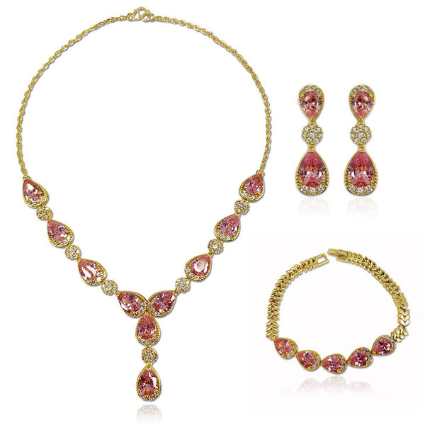 Pink Pear Shaped Cut Necklace Earrings Bracelet Three Piece Set - Monarjew