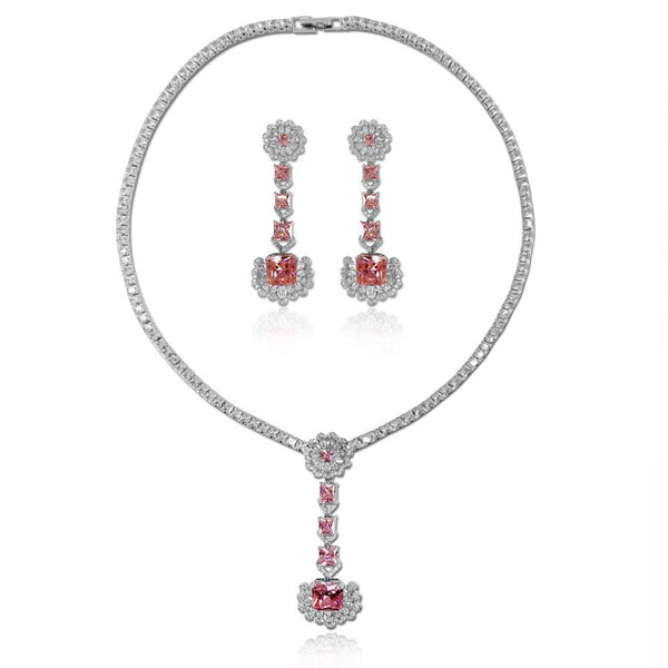 Pink Princess Shaped Cut Necklace Earrings Two Piece Set - Monarjew
