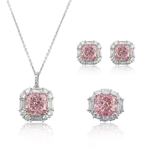 Pink Snowflake Cut Necklace Ring Earrings Three Piece Set - Monarjew