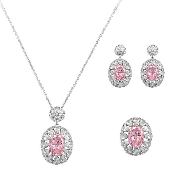 Pink Sunflower Snowflake Cut Necklace Earring Ring Three Piece Set - Monarjew