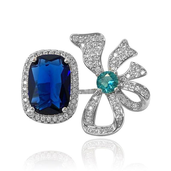 Radiant Shaped Bowknot Sapphire Open Ring - Monarjew