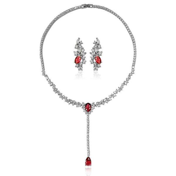 Red Gem Pear Shaped Cut Earring Necklace Two Piece Set - Monarjew