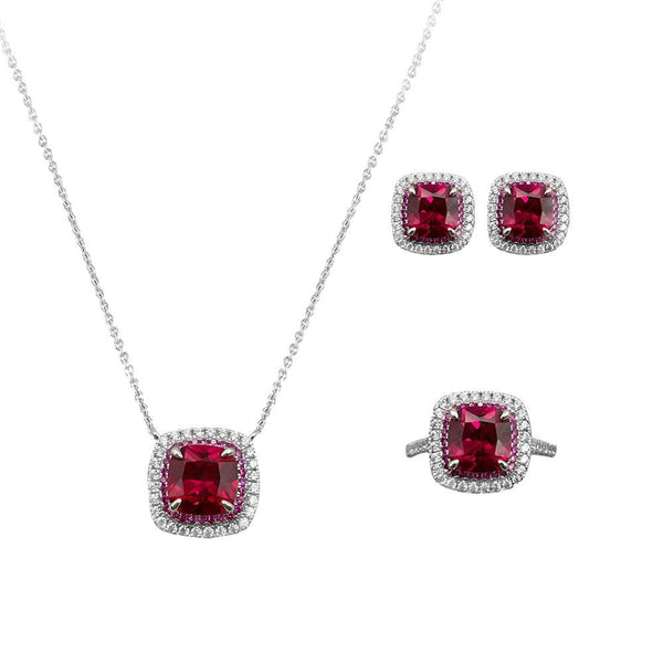 Ruby Red Cushion Shaped Cutting Three Piece Set - Monarjew