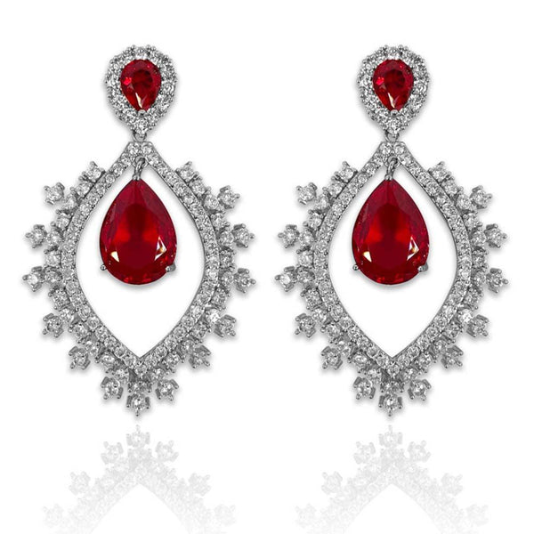 Ruby Red Hollowed Out Design Pear Shaped Cut Earrings - Monarjew