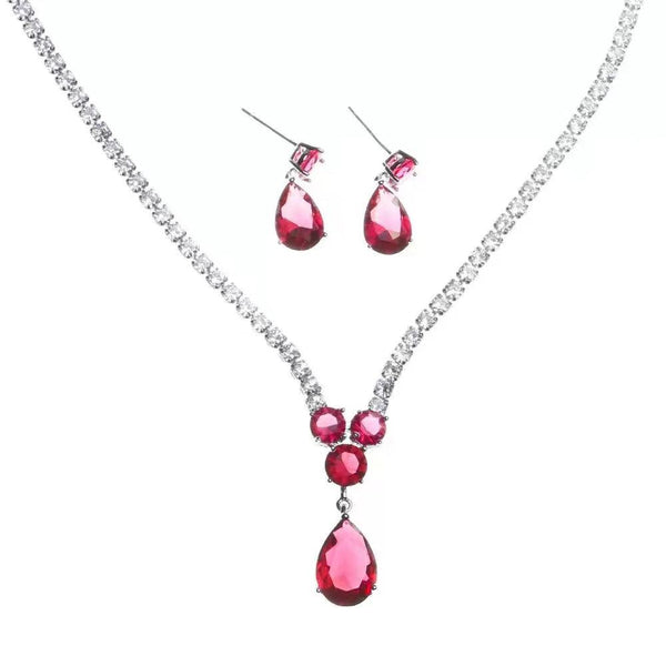 Ruby Red Pear Shaped Cut Necklace Earrings Two Piece Set - Monarjew