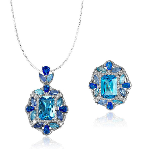 Sapphire Radial Shaped Ring Necklace Set - Monarjew
